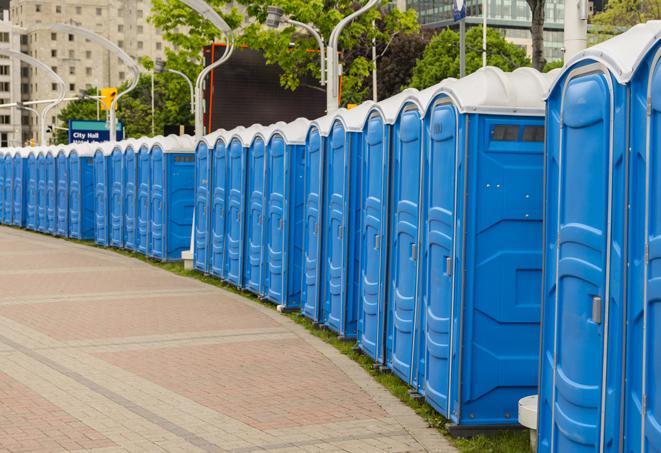 Seasonal porta potty units set up at a San Francisco, California venue
